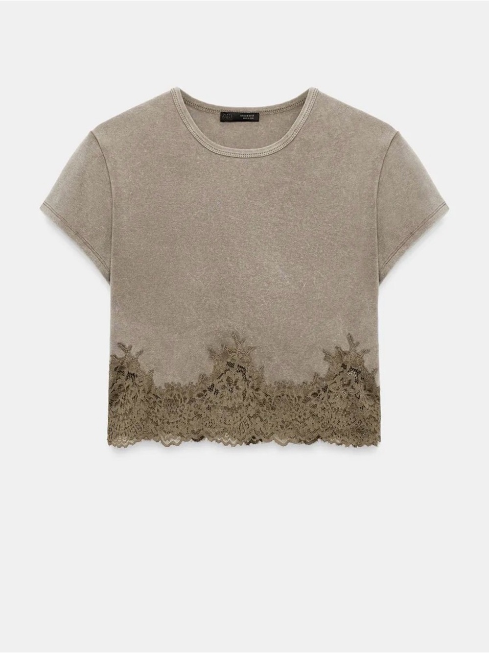 Zara Olive-Taupe Lace-Hem Crop Top